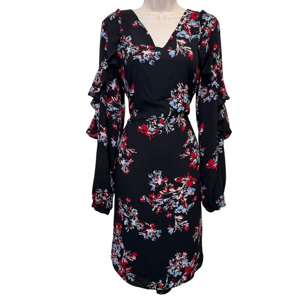 Lauren Ralph Lauren Sheath Dress 12 Black Floral Ruffle Sleeve Romantic Modest